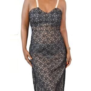 Vintage Chevette Black Lace Slip Dressing Gown Nightgown 50s MCM Nylon XS Small